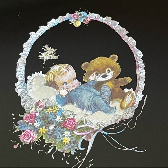 Retro Foil Art Etched Wall Art Print Baby Boy Teddy Bear Pink Blue Floral Wooden - Picture 7 of 13